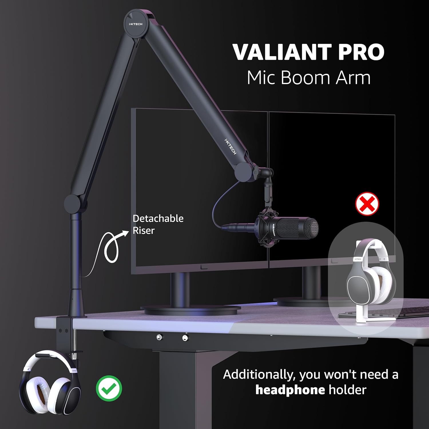 IXTECH Mic Arm Boom Arm 360° Rotatable Microphone Boom Arm Mic Boom Arm with Desk Mount, Fully Adjustable, for Podcast, Video, Gaming, Radio, Studio Recording, Sturdy and Universal VALIANT Pro