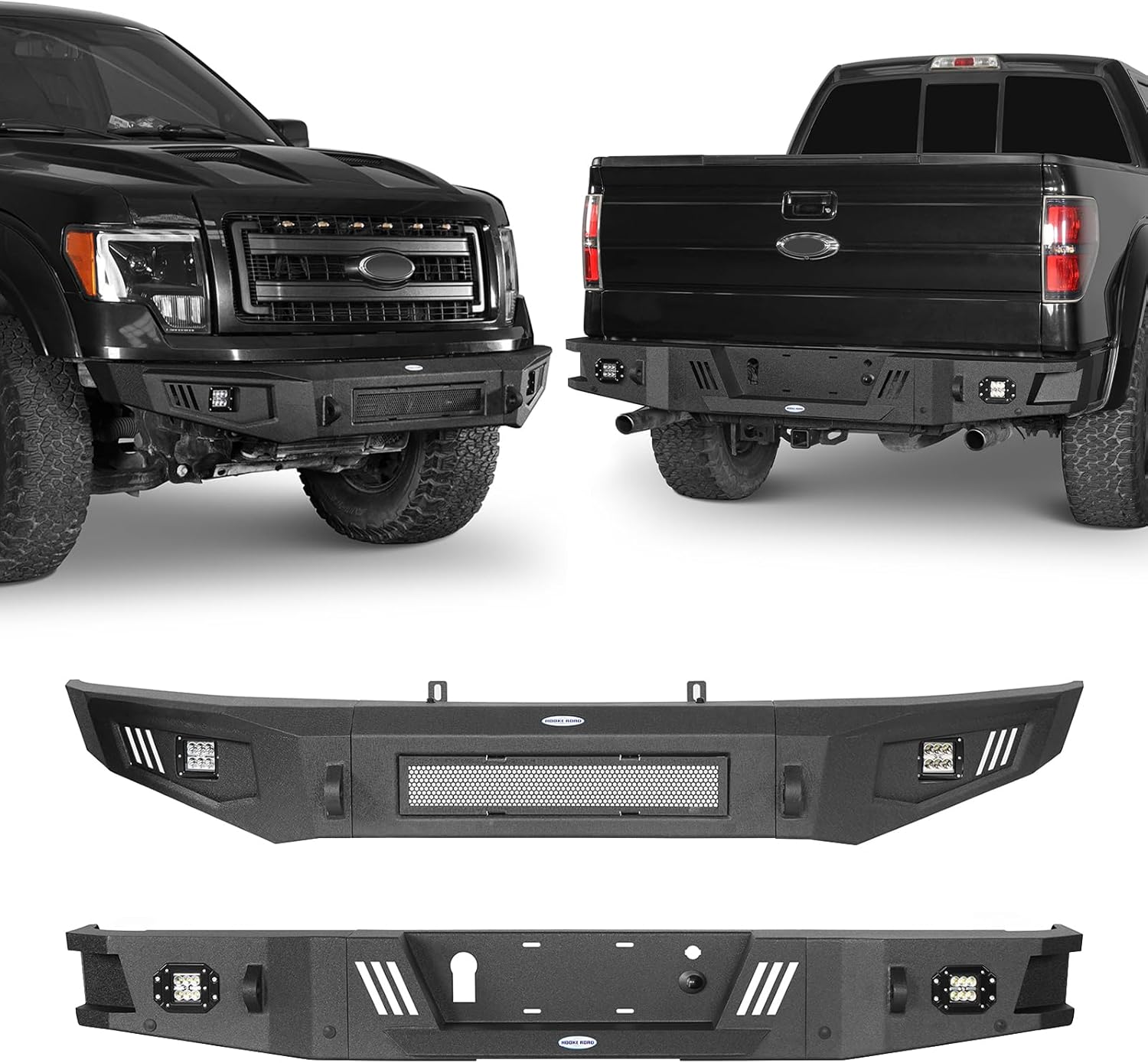 Hooke Road 09-14 F150 Front and Rear Bumper Set for 2009-2014 Ford F-150 Pickup (Exclude Raptor & Flareside), Heavy Duty Steel Bumpers with LED Lights, D-rings Mounts