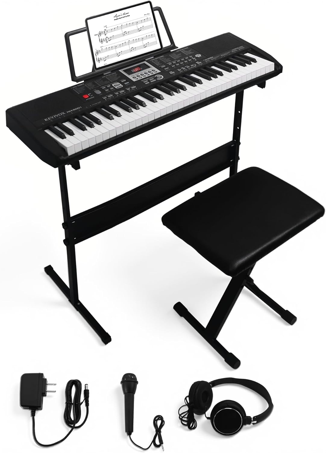 61 Key Electronic Piano Keyboard for Beginners, 200 Tones & Rhythms, with H Stand, Stool, Headphones, Microphone, Piano Note Stickers