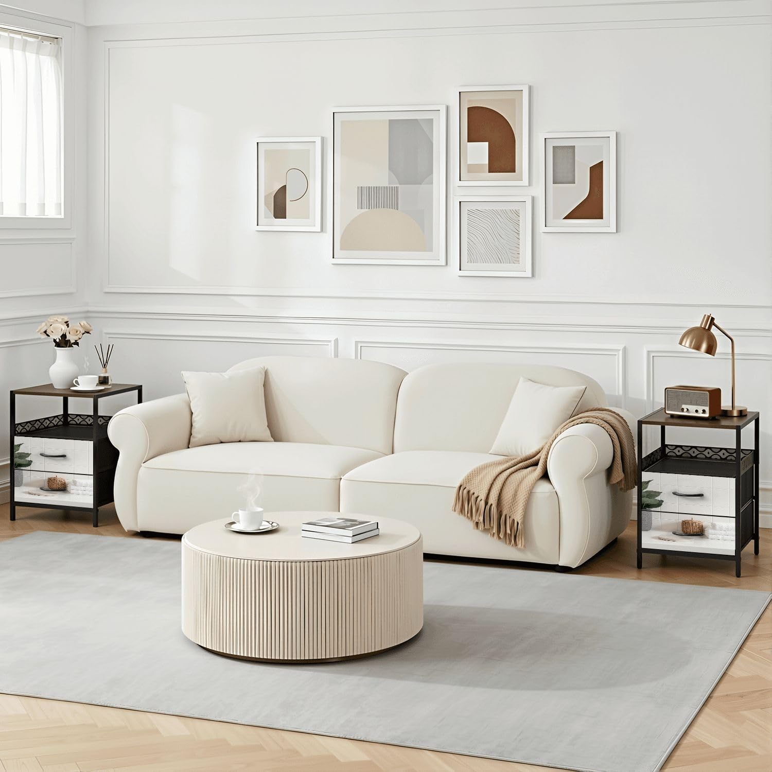 Night Stand with Charging Station Bedside Table with 2 Fabric Drawers Marble White Round for Bathing Products Bathroom spa Shampoo Bedroom Nightstand with USB Ports & Outlets Open Shelf Black