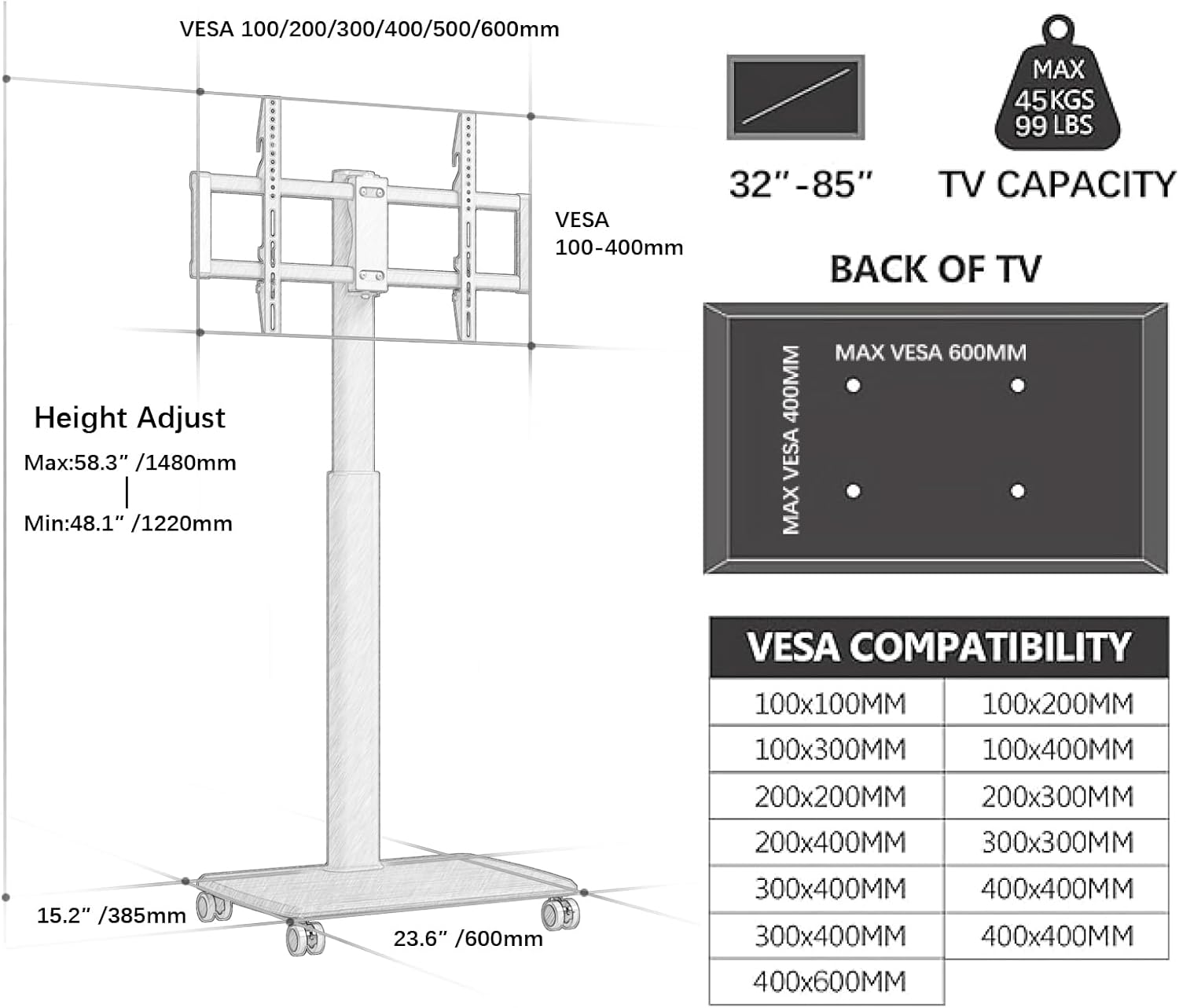 Black Rolling TV Stand for 32 to 55 65 75 85 Inch TVs, Corner TV Floor Stand with Mount, Universal Portable Mobile TV Cart on Wheels, Small TV Stand for Bedroom, Living Room, Conference Room