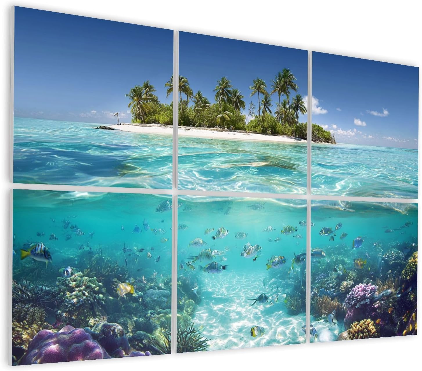 6 Pack Art Acoustic Panels Self Adhesive Tropical Island Coral Split View Waterline Decorative Soundproof Wall Panels Sound Absorbing Panel 48