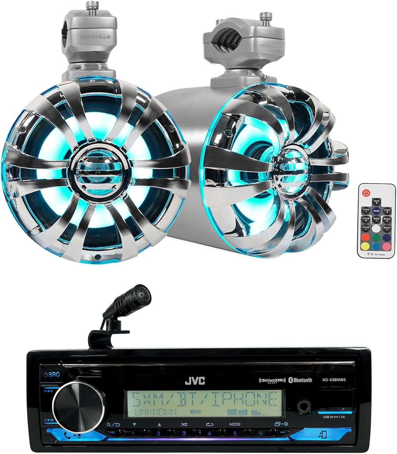 Audiosavings Bundle: JVC KD-X38MBS 1-Din Car/Marine/UTV/Motorcycle Stereo Receiver w/Bluetooth/USB Bundle with (2) Rockville WB65KLED 6.5