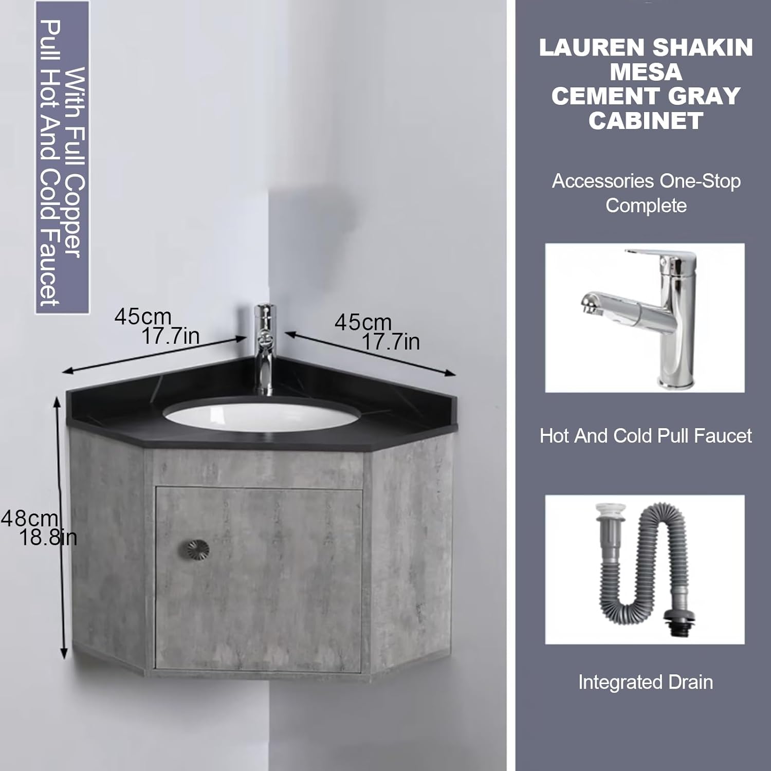 Ceramic Wall Mount Sink Corner Wall Mount Bathroom Sink Modern Pianted Wall Mounted Cabinet Set with Drainer Unit and Cold and Hot Water Pipe Faucet Wall Mount White Triangle Porcelain. ( Color : Gray