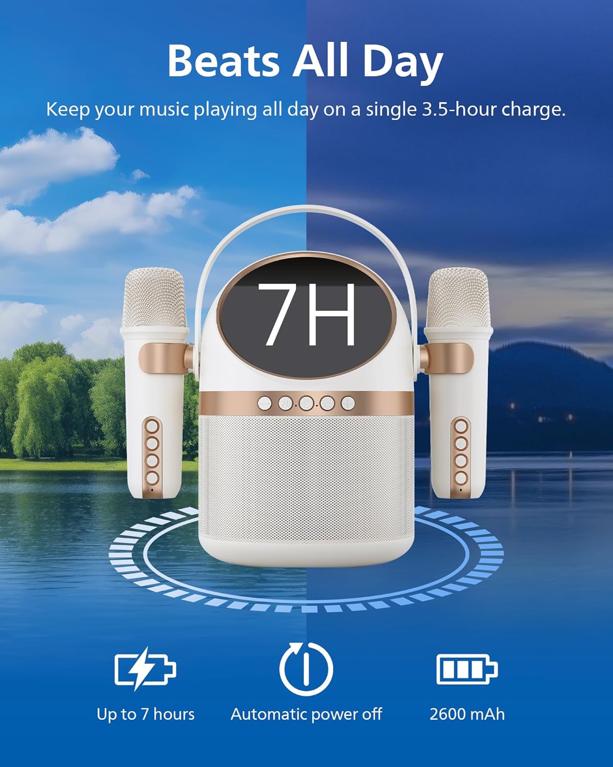 PHILIPS S2508 Portable Karaoke Machine,Party Bluetooth Speaker with 2 Karaoke Microphones,7 H Battery,Multi-Colored Light Modes with Display Screen,6 Vocal Effects,USB,AUX or TF Card Input,Mini,White