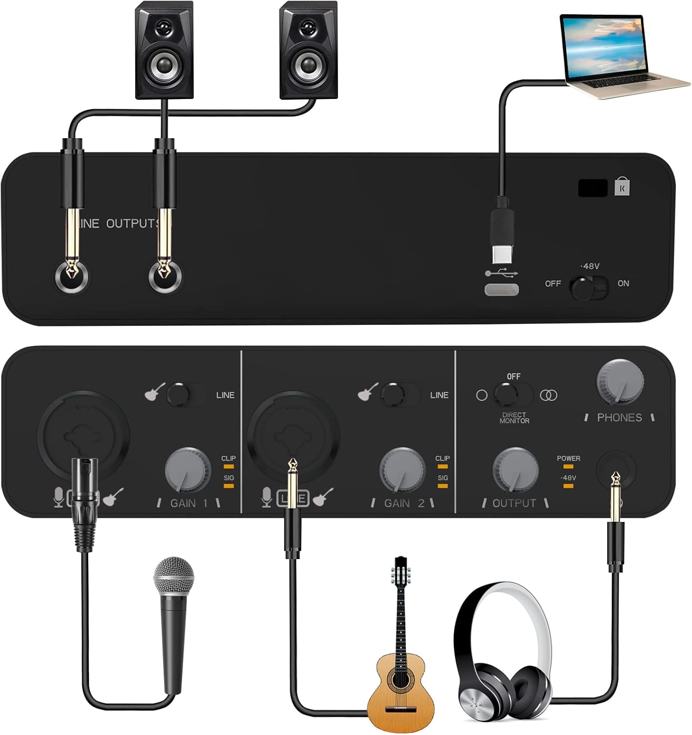 USB Audio Interface (24Bit/192kHz)+48V Phantom Power for Computer Recording Podcasting and Streaming Plug and Play Noise-Free Wrugste XLR 2i2 Audio Interface for PC No Software Included
