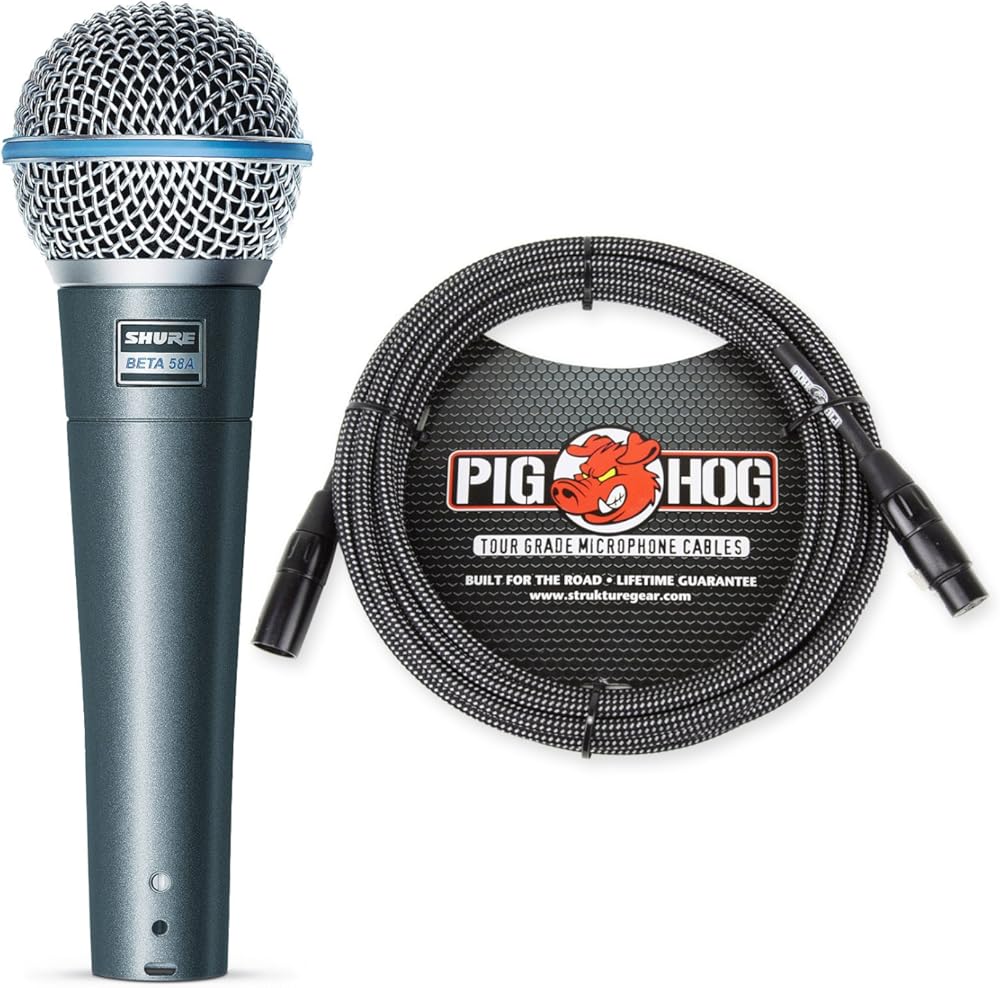 Shure Beta 58A Supercardioid Vocal Microphone & Pig Hog Black & White Woven Mic Cable, 20ft XLR - Bundle