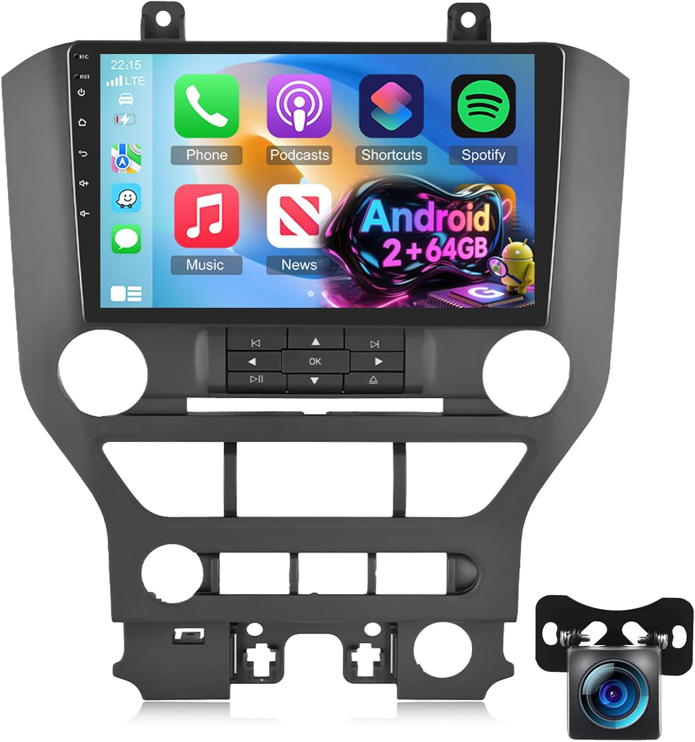 [2GB+64GB] Car Radio for Ford Mustang 2015-2020 (Adapts to 3 Buttons Only) with Carplay&Android Auto, 9 inches Android Touch Screen Mustang Stereo, 1080P/EQ Audio/Bluetooth/FM RDS/SWC