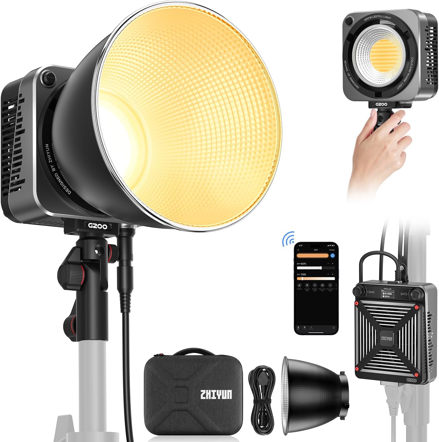 ZHIYUN Molus G200 [Official] 200W COB Video Light, Portable Continuous Output Lighting,2700-6500K 9460 lux@1m, LED Photography Lighting with Bowens Mount, APP Control, Ultra Quiet for Video Recording