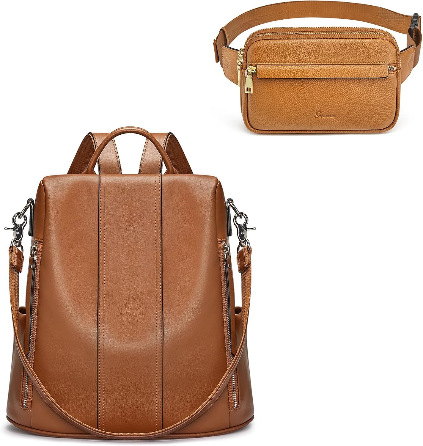 S-ZONE Genuine Leather Backpack Purse Bundle with RFID Blocking Fanny Packs Belt Bag