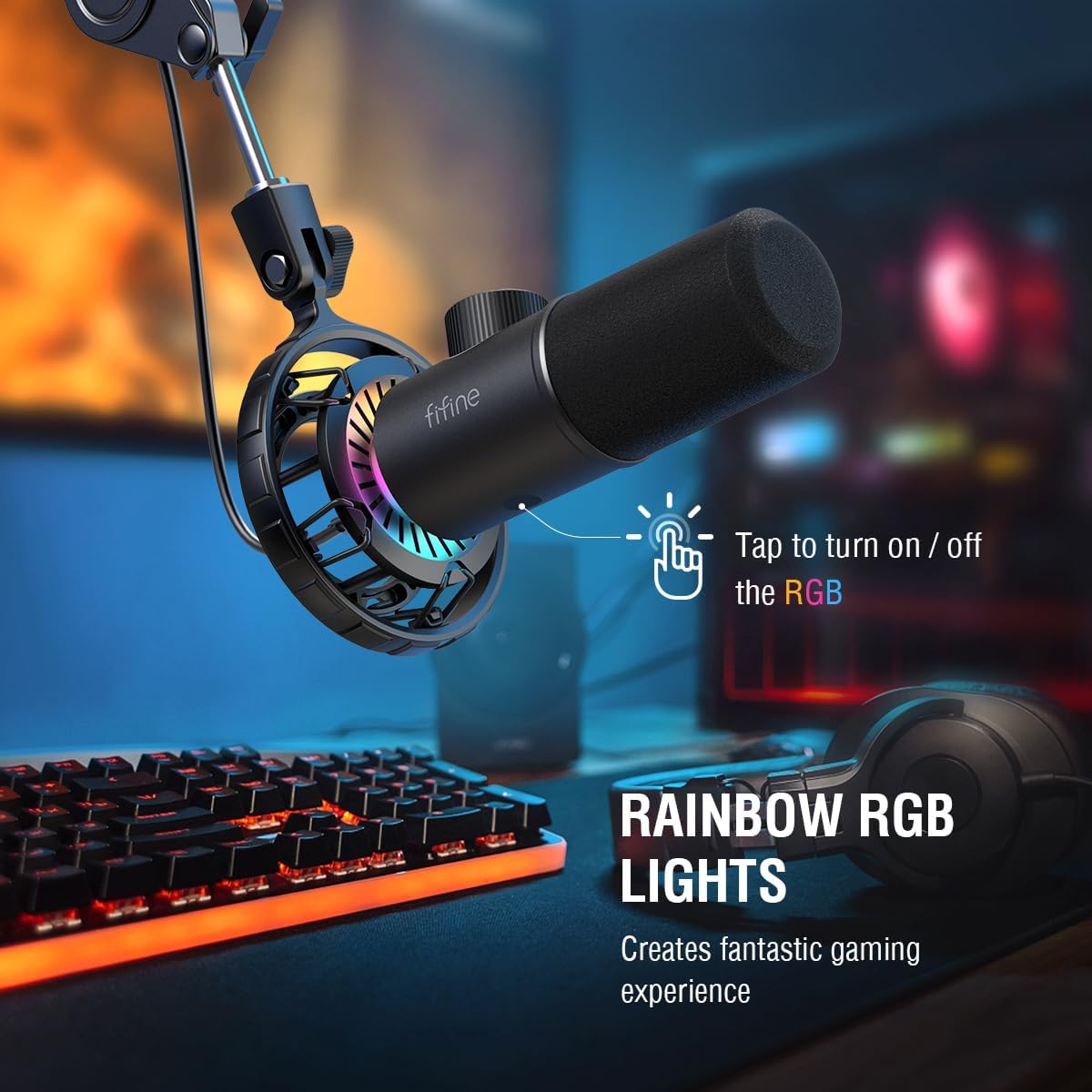 FIFINE USB Gaming Microphone and Mic Arm Stand Kit, RGB Dynamic Mic with Tap-to-Mute, Headphones Jack for PC, Heavy Duty Boom Arm Bundle with Desk Mount, 5/8