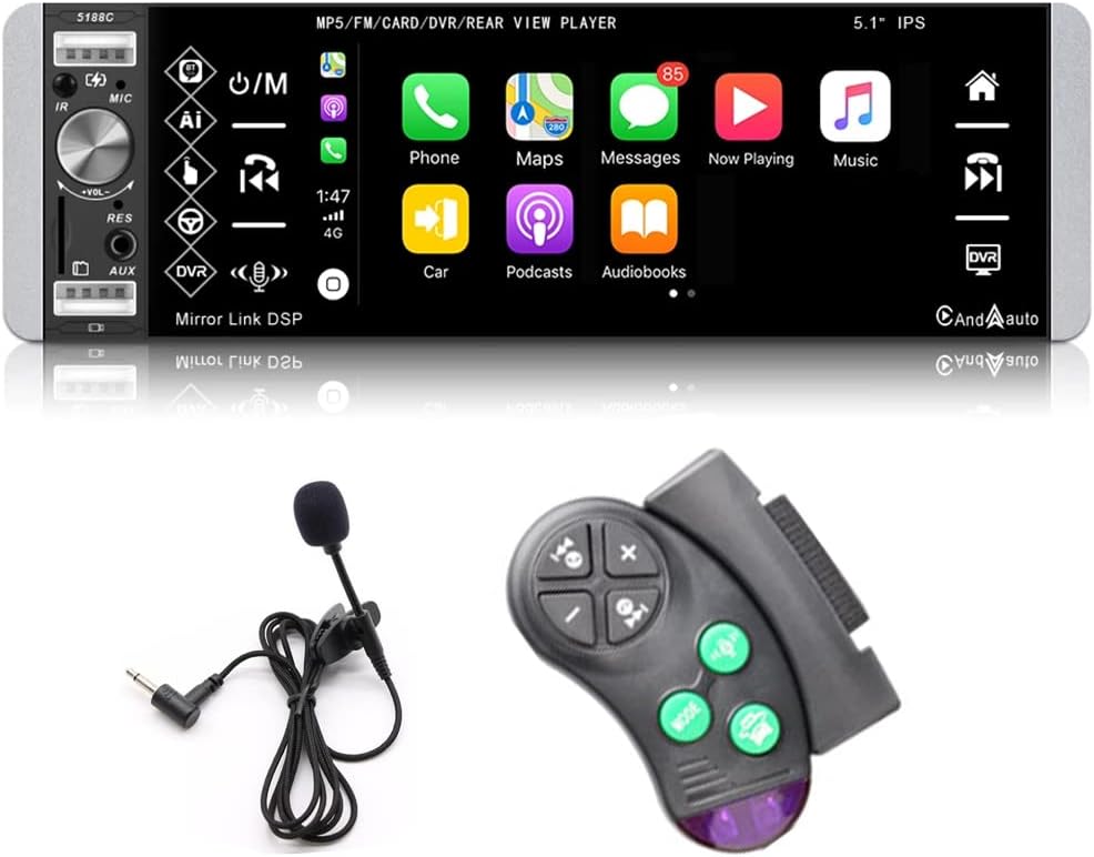 Apple CarPlayer Android Auto 1 Din Car Stereo Bluetooth, 5.1 Inch IPS Touchscreen Car Radio with FM Radio Mirror Link USB TF Aux in Head Unit Car MP5 Player + Microphone