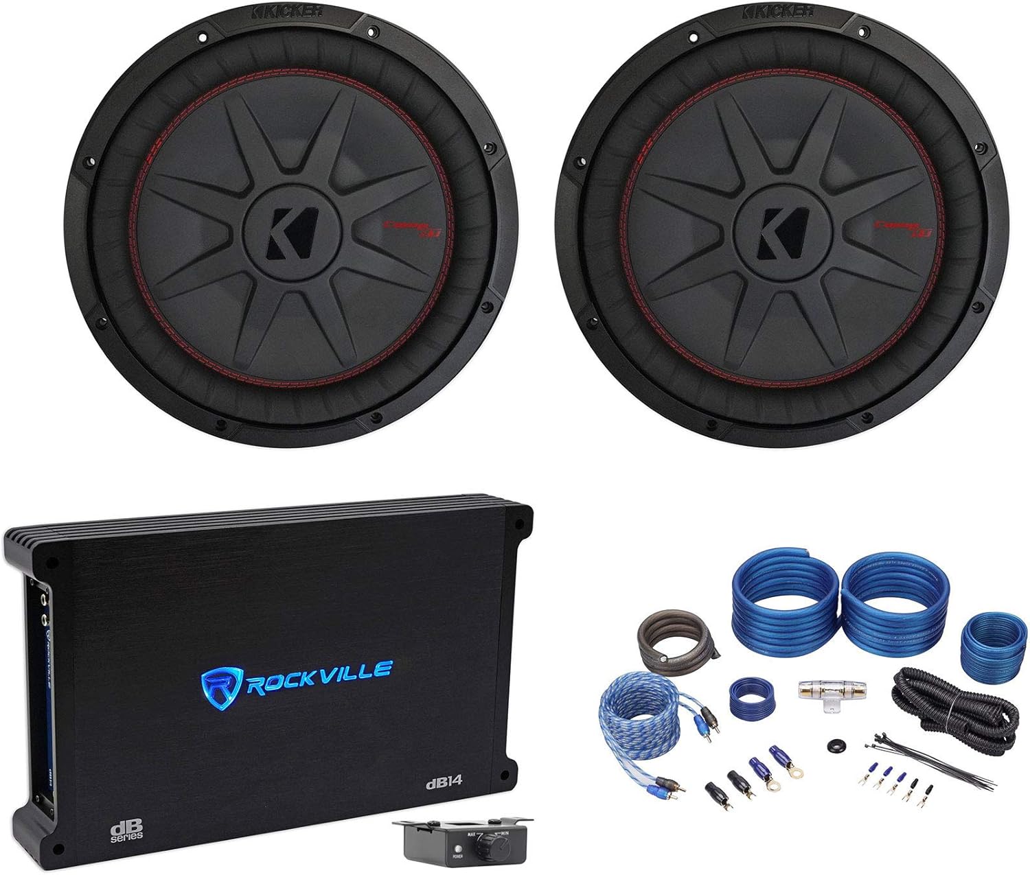 KICKER 48CWRT122 COMPRT12 2000W 12 Slim Car Subwoofers Bundle with Rockville dB14 4000 Watt Peak1000w CEA RMS Mono 2 Ohm Amplifier Car Audio Amp & Rockville RWK41 Installation Wire Kit (3 Items)