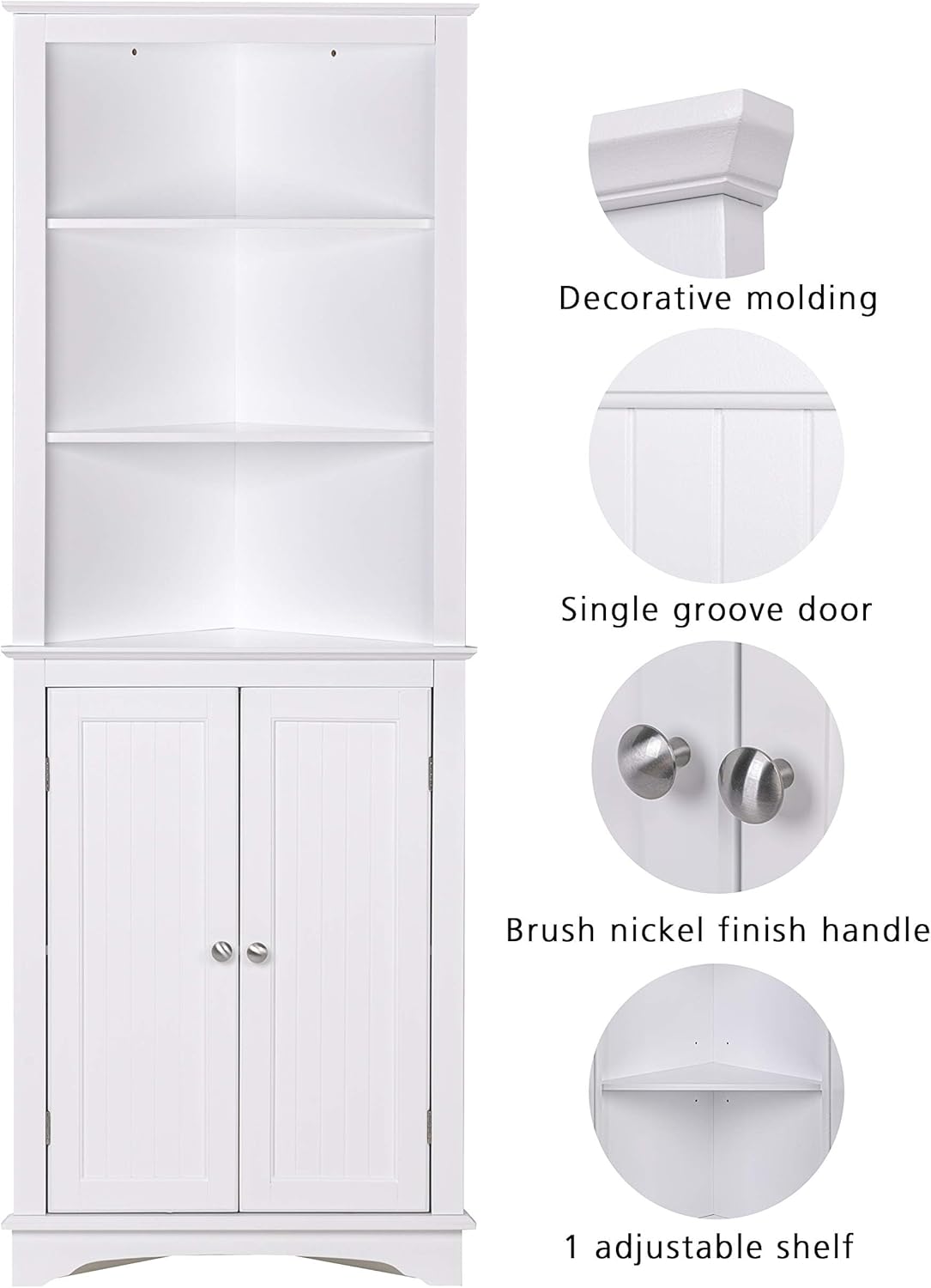 Spirich Tall Corner Cabinet with Doors and Shelves, Freestanding Corner Storage Cabinet for Bathroom, Kitchen, Living Room, White