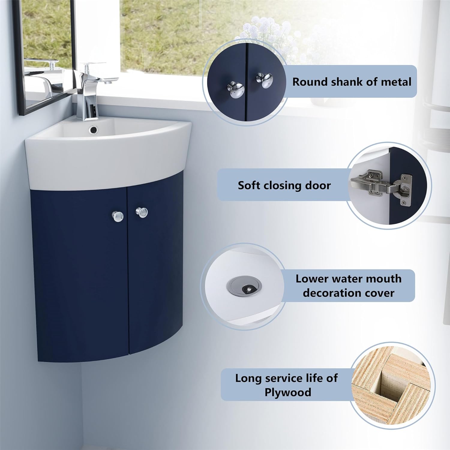 Corner Wall-Mount Vanity with White Ceramic Integrated Sink, Non-Adjustable Shelf, Soft Closing Metal Hinges, Scratch & Water-Resistant Melamine - 12.8