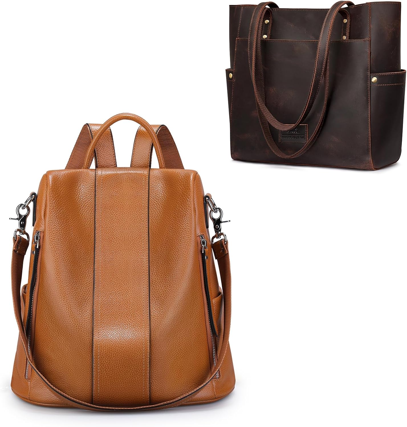 S-ZONE Genuine Leather Backpack Purse with Genuine Leather Tote Bag for Women Men Large Shoulder Purse Handbag Travel Daypack