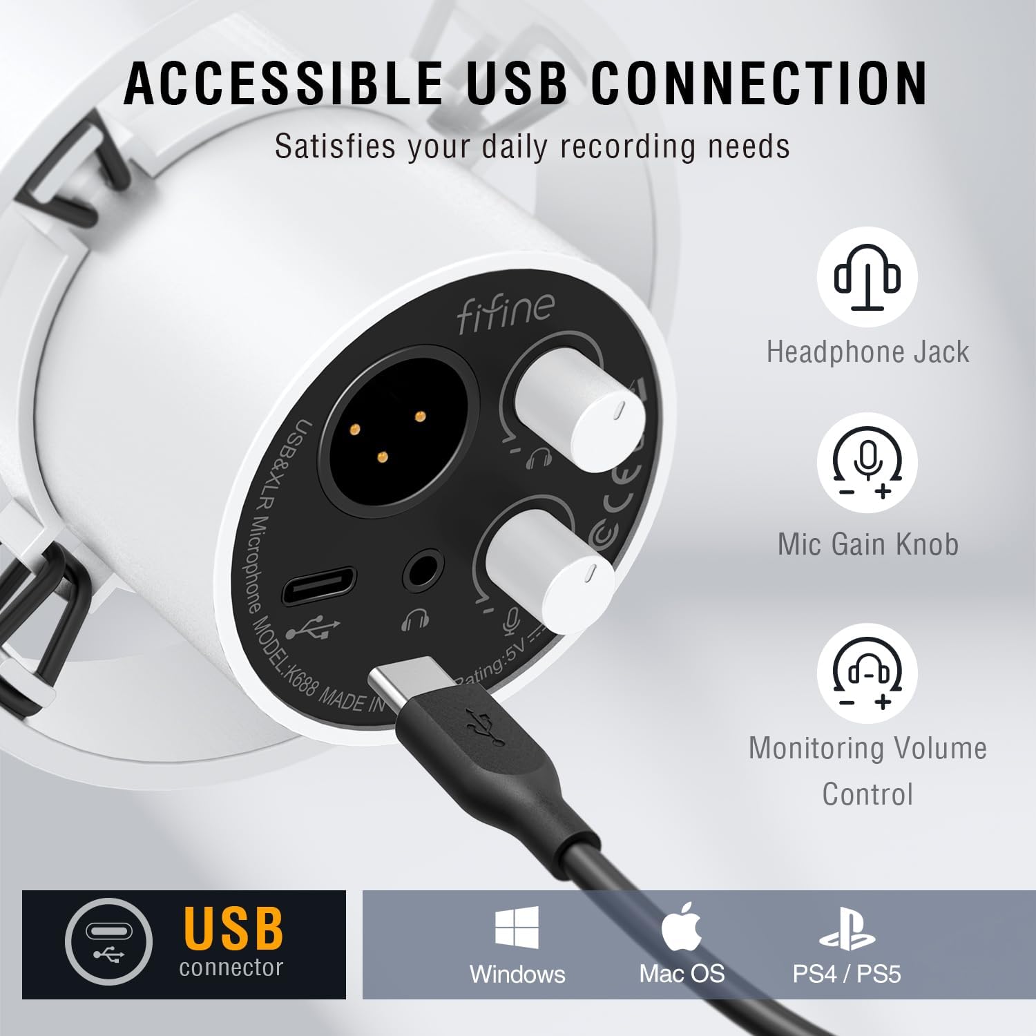 FIFINE XLR/USB Dynamic Mic with 10ft XLR Cable Kit, Studio Recording Microphone for Streaming with Mute Tap, Volume Control, Headphones Jack, Black Mic Wire Compatible with Audio Mixer (K688W+L9)