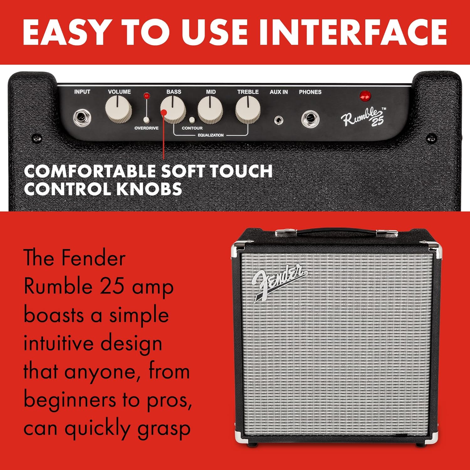 Fender Rumble 25 V3 Bass Amplifier, Bass Combo Amp, 25 Watts, with 2-Year Warranty, 8 Inch Speaker, with Overdrive Circuit and Mid-Scoop Contour Switch