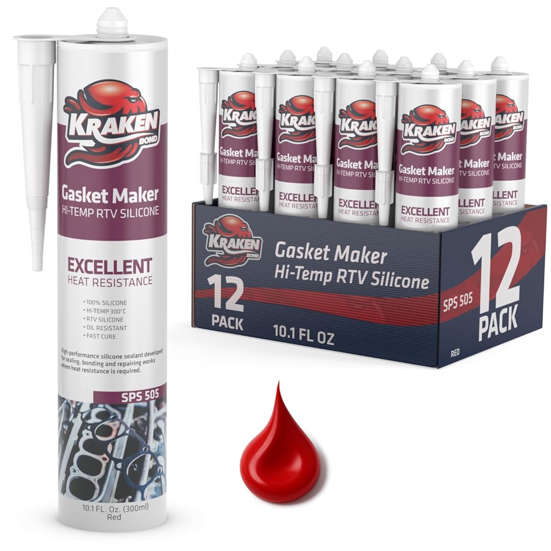 KRAKEN BOND High Heat Silicone Sealant - RTV Gasket Maker, Red Waterproof Gasket Sealer for Automotive, Temp Sealant, 100% Flexible Gap Filler | 12 Pack, 10.1 Fl. Oz.