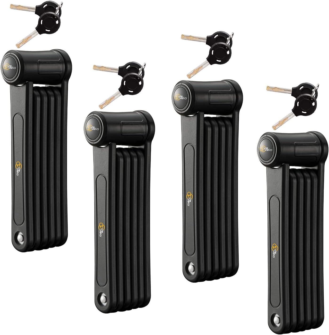 Via Velo 4 Folding Bike Lock Set, Same Key System Keyed Alike, New 2022, Heavy Duty Hardened Steel, Lightweight, Bike Lock for Electric Bike, Electric Scooter, Dirt Bike, with Mounting Case