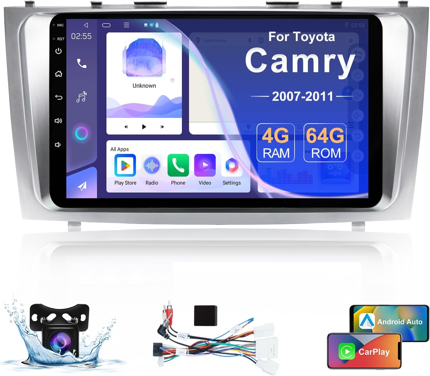 4+64G Car Stereo for Toyota Camry 2007-2011 with J-B-L, 9 Inch Touch Screen Car Radio with Carplay Android Auto, Bluetooth GPS WiFi Mirror Link FM Radio and Backup Camera