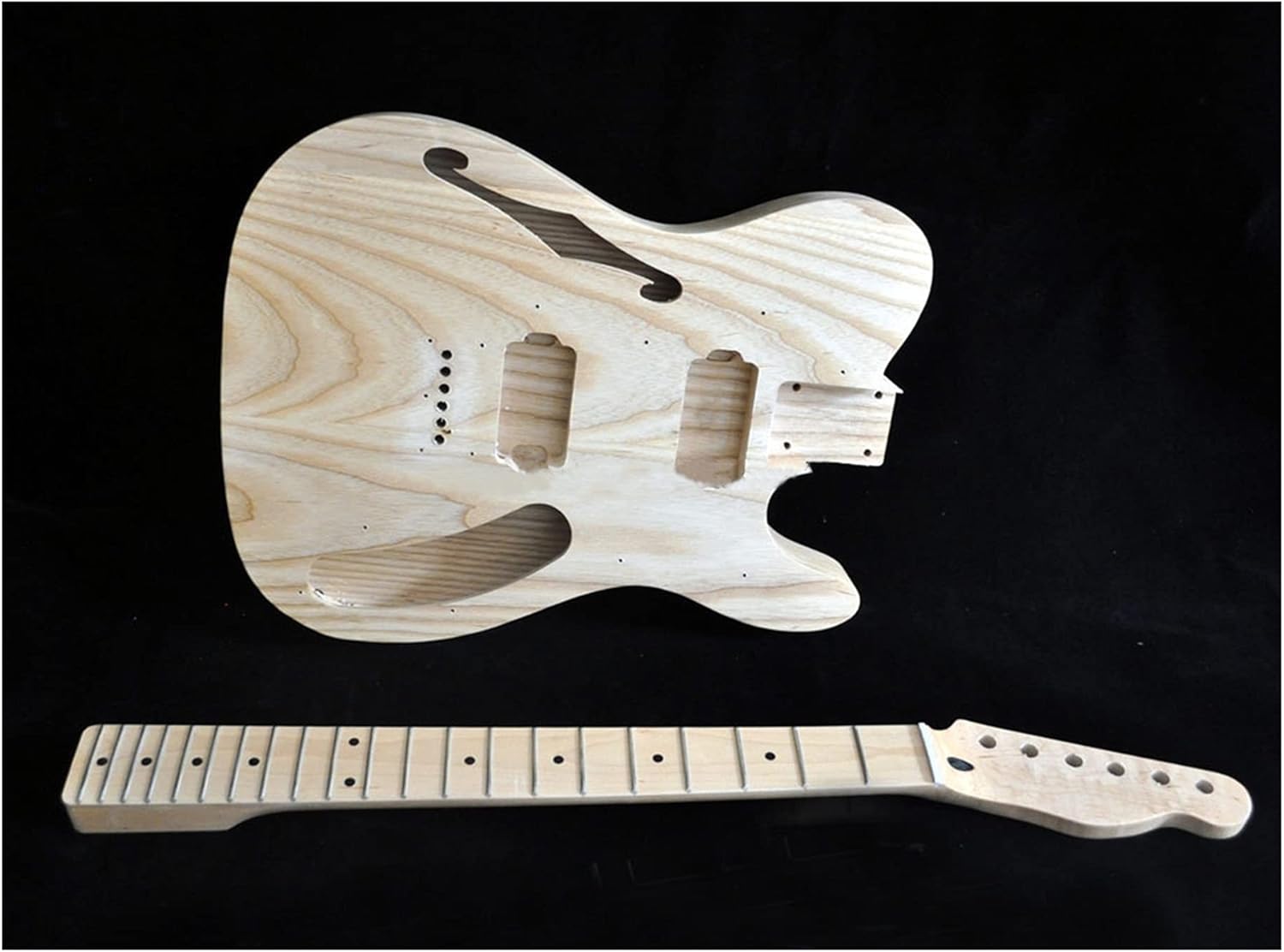 Unfinished Guitar Body DIY Electric Guitar Kit Vintage Thinline Guitar Semi-Hollow Ash Body with F Holes Maple Neck 21 FretsTruss Rod Adjust Guitar DIY Accessory