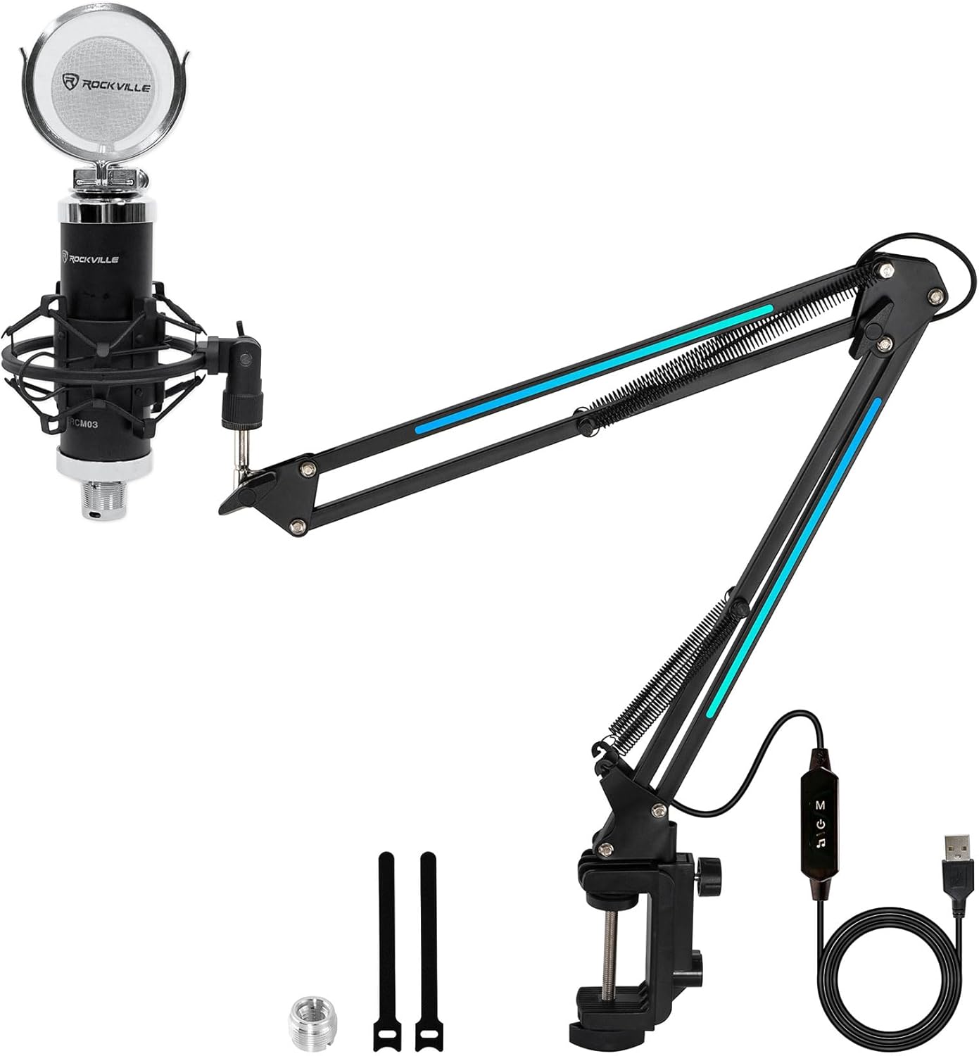 Audiosavings Bundle: Rockville RCM03 Pro Studio Recording Condenser Microphone Mic+Metal Shock Mount Bundle with MKL2 Microphone Boom Arm Stand w/Spider Mic Holder/App Control/LED (2 Items)