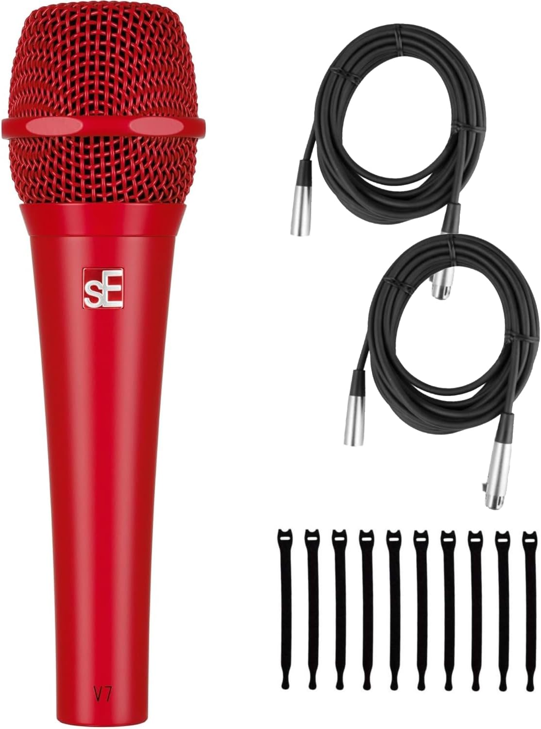 Briskdrop sE Electronics V7 Red Dynamic Supercardioid Handheld Microphone, Red - Bundle with 2 XLR Cables and 10 Cable Ties