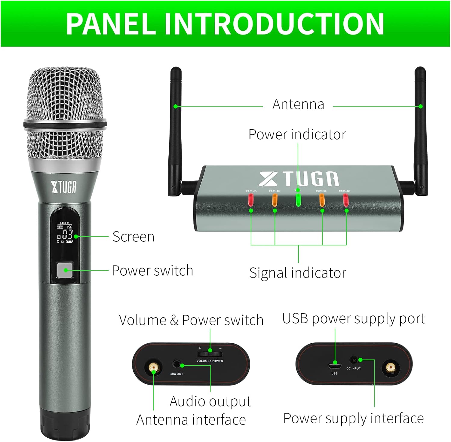 XTUGA UF4600 4 Channel UHF Wireless Microphone System Cordless Microphone with 4 Handheld Mic Mini Receiver Metal Build Long Distance 164ft for Church, Party, Outdoor Events