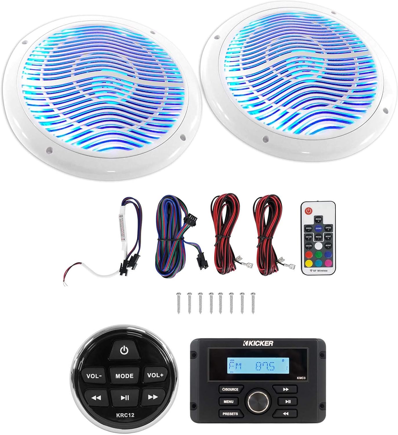 Kicker KMC3 Marine Digital Media Gauge Receiver w/Bluetooth/USB for Boat/ATV/UTV Bundle with Kicker KRC12 Remote Control for Marine Receiver and Rockville RMC65LW Marine Speakers