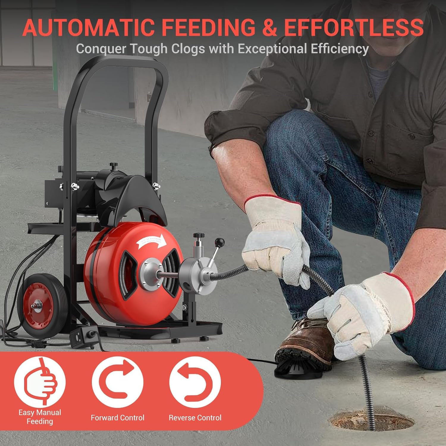 100FTx1/2Inch Electric Drain Cleaning Machin, Auto Feed Portable Sewer Snake, Sewer Snake Electric Drain Auger Cleaner with 6 Cutters & Air-Foot Switch for 2