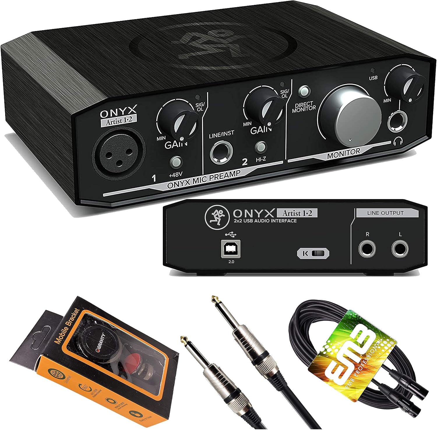 Mackie Onyx Artist 1-2 USB Audio Interface 2-in/2-out, 24-bit/192kHz, with 1 Onyx Mic Preamp, Zero-Latency Direct Monitoring - Mac/PC with Gravity Phone Holder and EMB 1/4