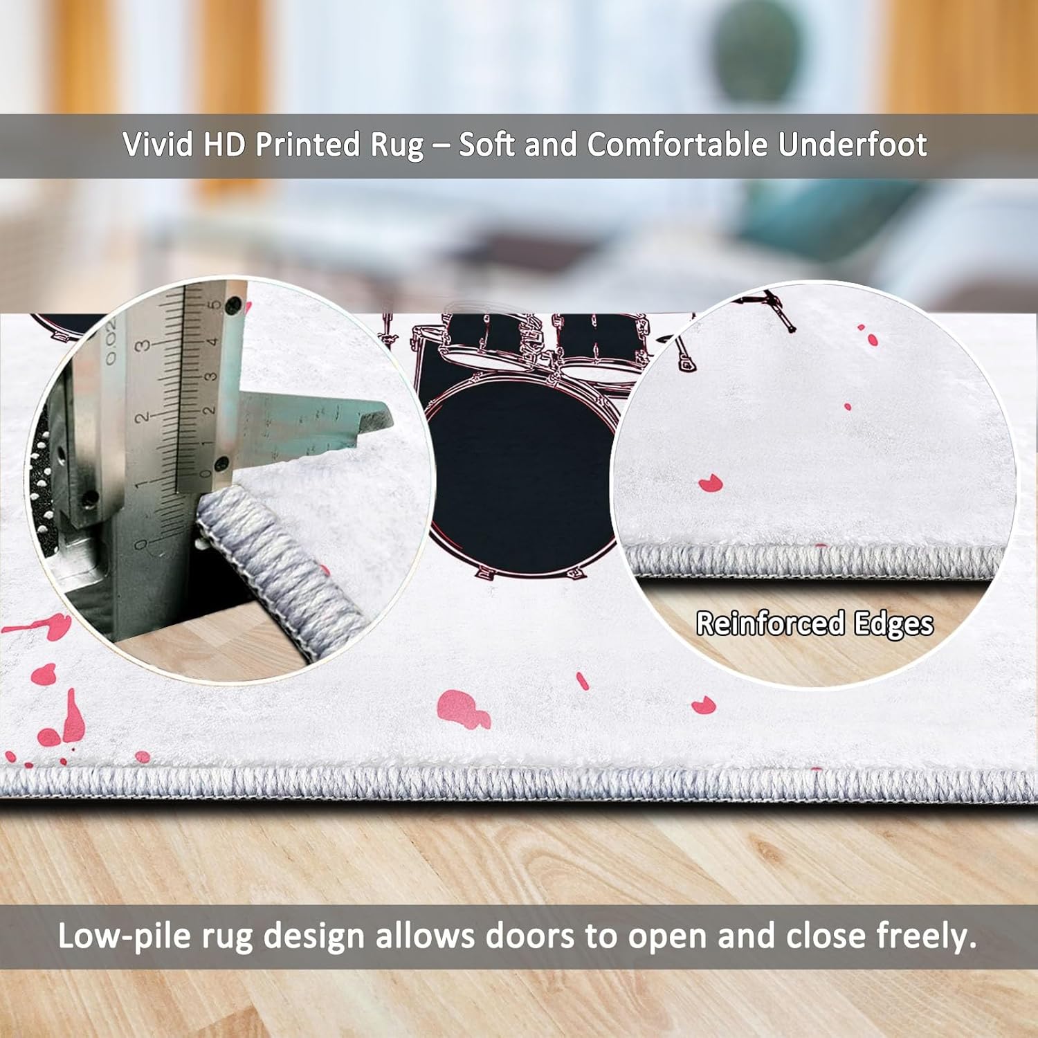 Machine Washable Cartoon Style Carpet 3 x 4 ft Area Rug, Non-Slip Rug Drum Set Music Print Low Pile Carpet for Living Room Bedroom Entryway Kitchen Dorm Hallway Kids Room