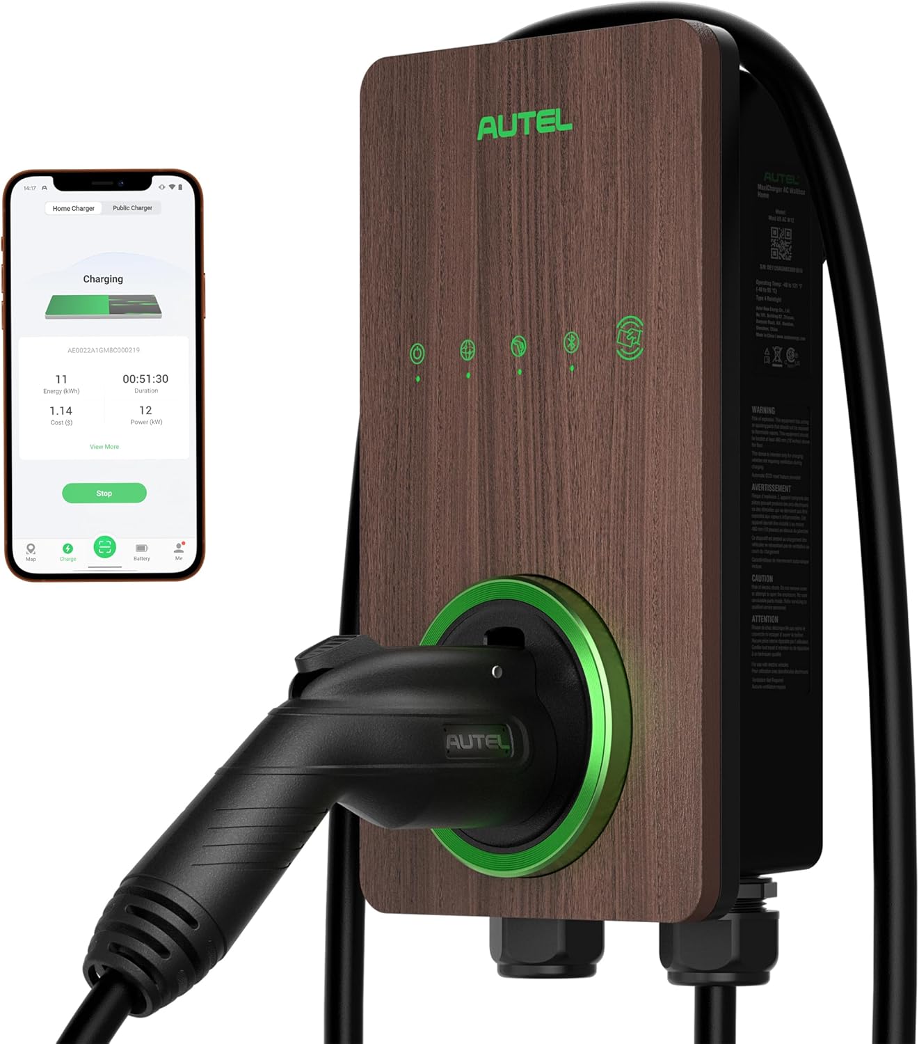 Autel Home Smart Electric Vehicle (EV) Charger up to 50Amp, 240V, Indoor/Outdoor Car Charging Station with Level 2, Wi-Fi and Bluetooth Enabled EVSE, 25-Foot Cable,Wood Grain