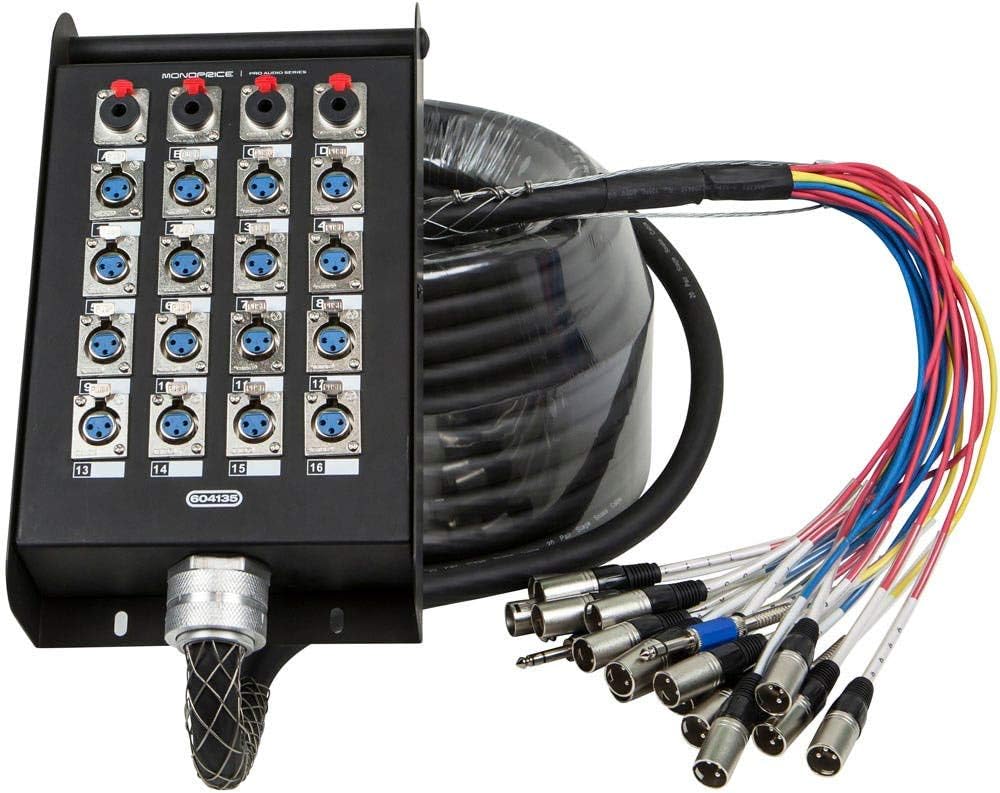 Monoprice 20-Channel Snake & 16 XLR x 4 TRS Stage Box - With 16 Downstream and 4 Upstream Connections, 100 Feet, Black