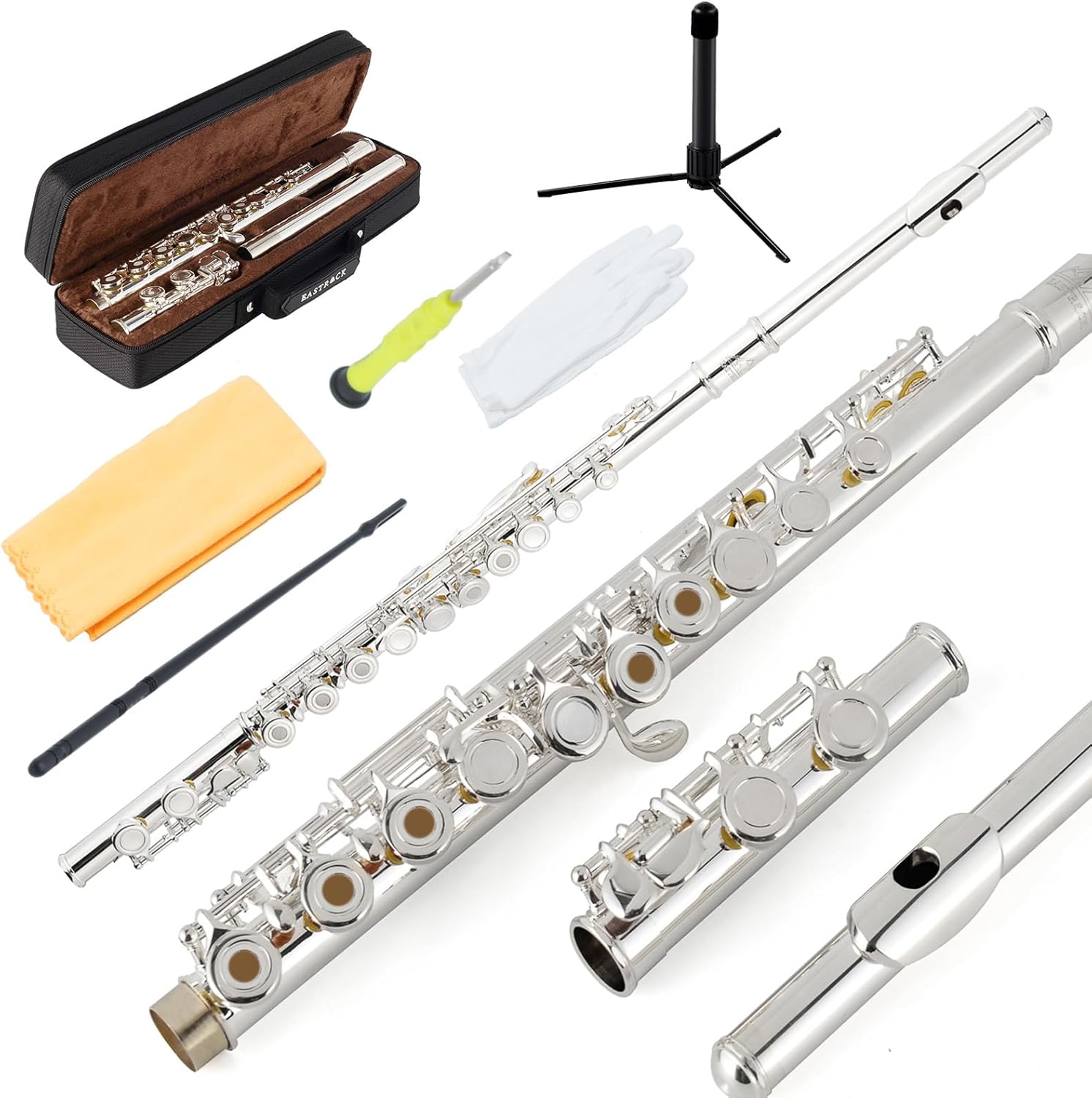 EASTROCK Open Hole Flutes C 16 Keys Silver Plated Flute Instrument for Beginner Kids Student with Carrying Case,Stand,Cleaning kit,Gloves,Tuning Rod(Open/Closed Hole,Silver Plated)