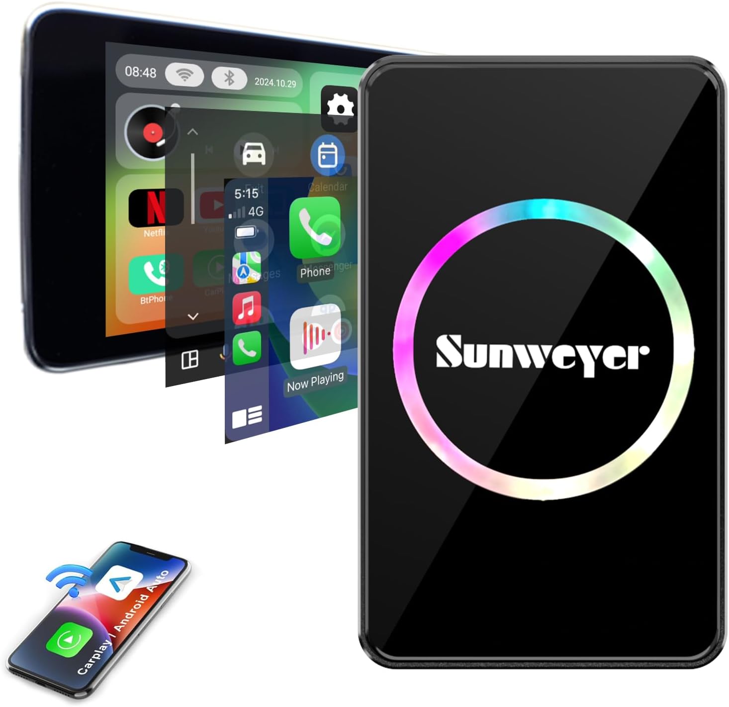 Sunweyer 2025 Wireless CarPlay Adapter Android Auto Streaming Box SW12 Pro with Netflix, YouTube, Hulu, App Install - Ai Box, Dual WiFi, Bluetooth, HDMI, LED Ambient, for Wired Car Play Cars