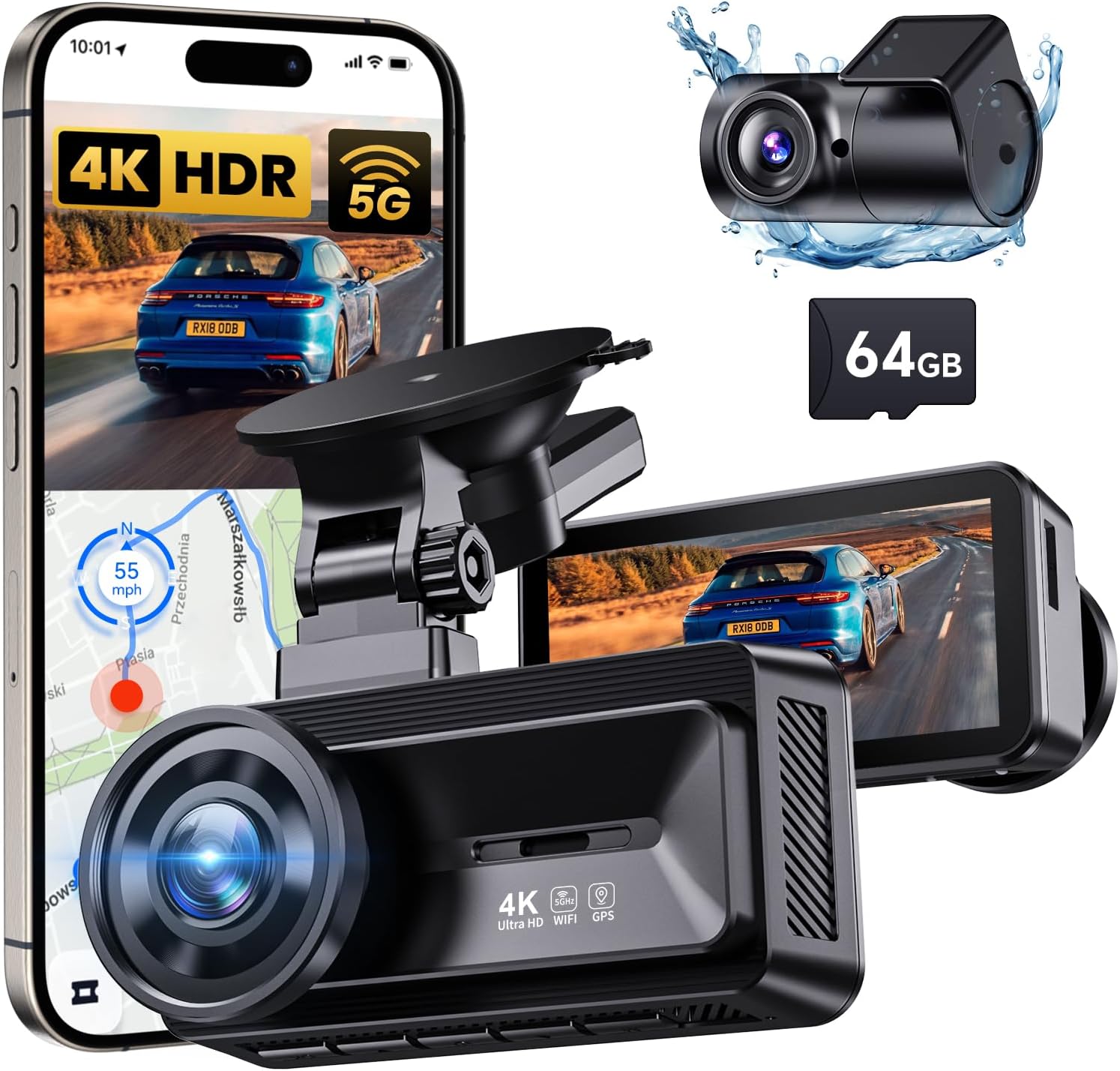 COOLCRAZY Dash Cam Front Rear - 4K+1080P Full HD Dashcam Free 64GB Card, with 5G WiFi GPS, Dual Dash Camera for Cars with 3