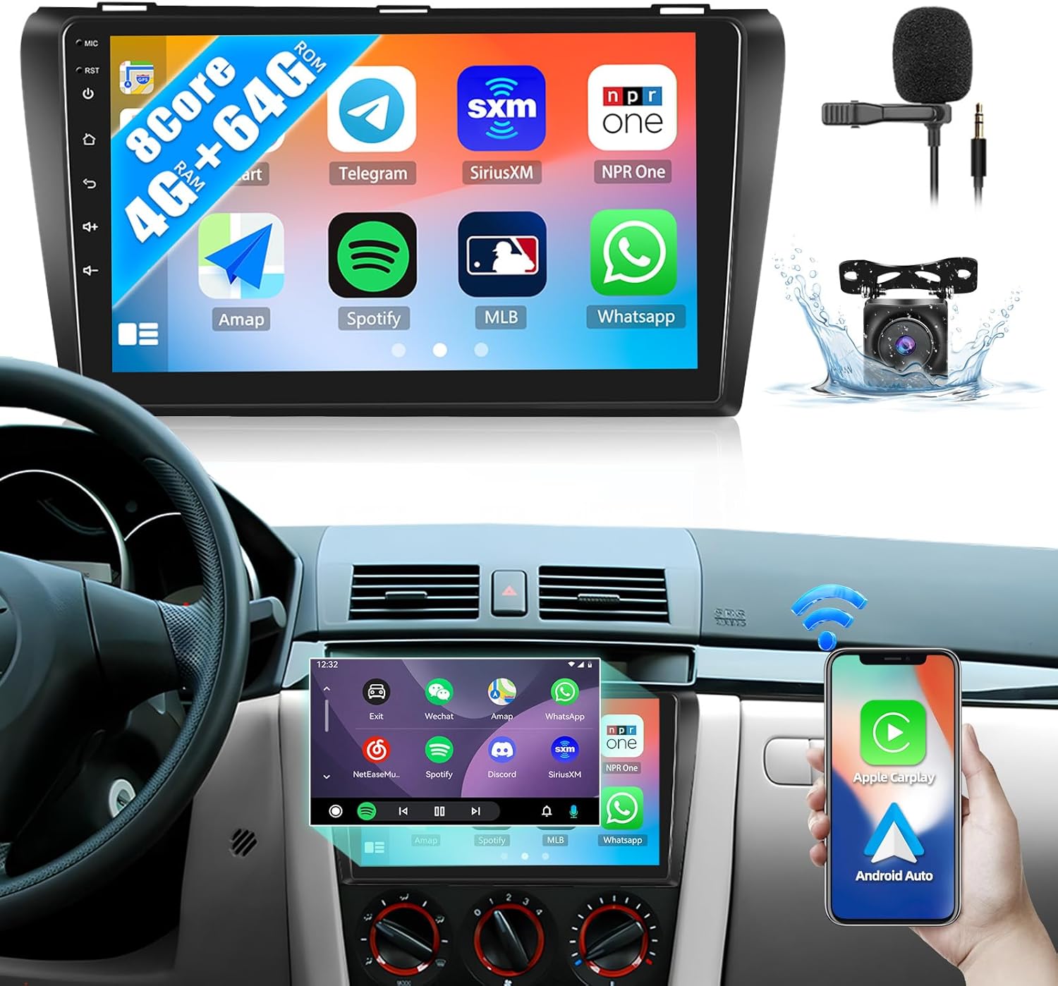 4G+64G 8-Core Android 13 Car Radio Stereo for Mazda 3 2004-2009 with Wireless Carplay Android Auto 9