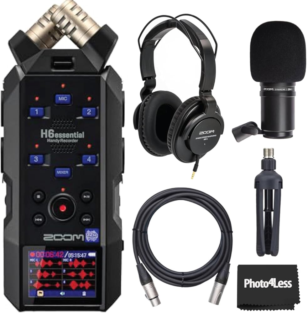 Zoom H6essential 6-Track 32-Bit Float Portable Audio Recorder Bundle With Zoom ZDM-1 Podcast Mic Pack with Headphones, Windscreen, XLR Cable and Tabletop Stand