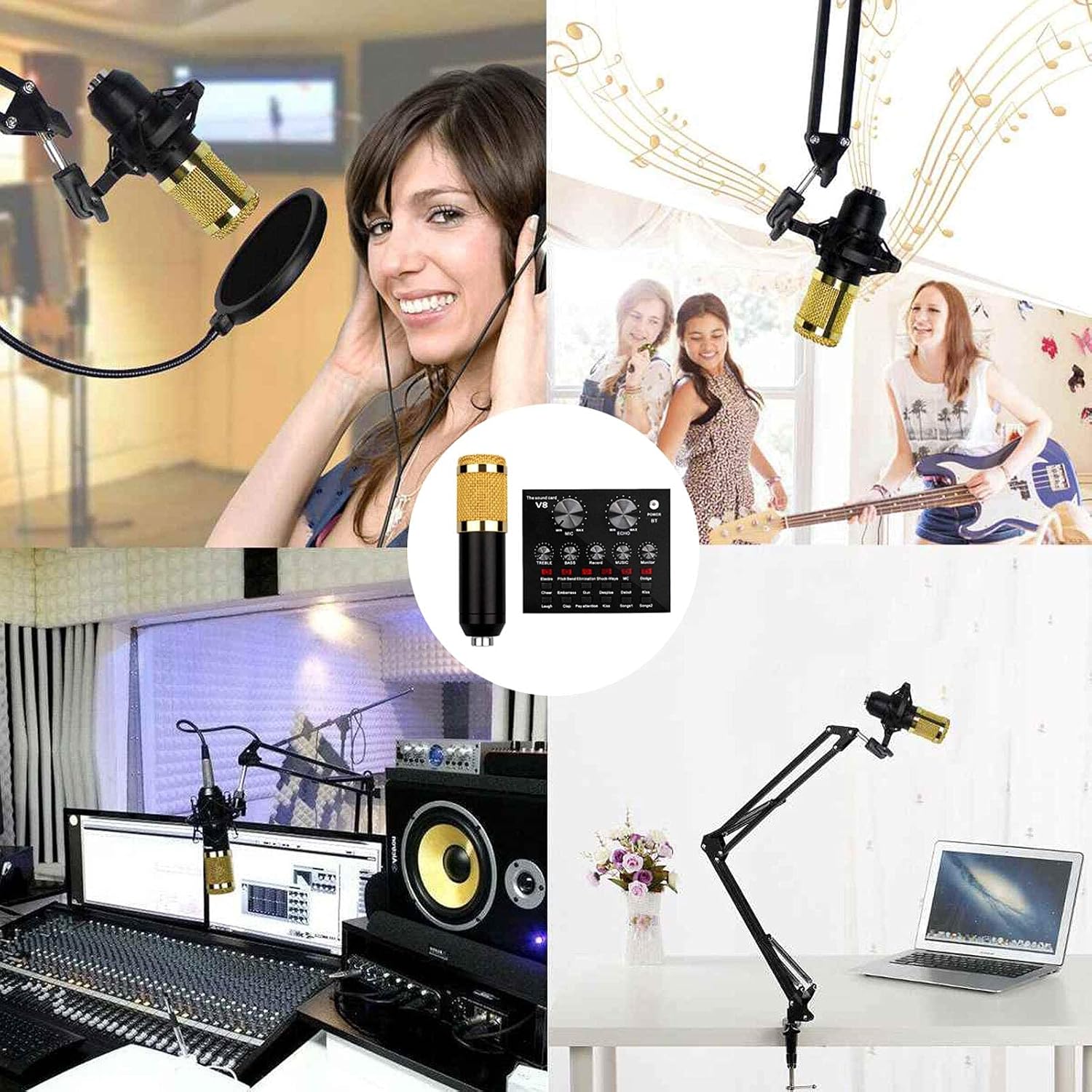 Condenser Microphone Bundle,Mic Kit with Live Sound Card,Mic Set with Adjustable Mic Suspension Scissor Arm,Mini Sound Mixer Board with Multiple Sound Effects,for Podcast,Game etc