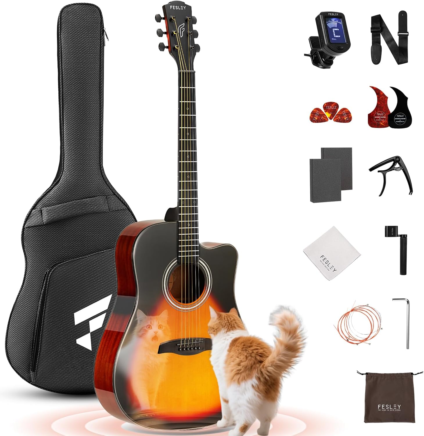 Acoustic Guitar Kit, 41 Inch Full Size 6 String Cutaway Guitarra Acústica for Beginner Adults with Tuner, Gig Bag, Strap, Steel Strings, Capo, Pickguard, Picks, FD60C, Sunburst