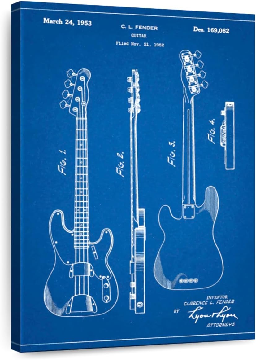 Elephant Stock - Blueprint Fender Precision Bass Guitar Patent Poster Wall Art - Vertical Canvas Wall Art - Living Room Wall Decor - Drawing Music Blueprints Canvas Art - Blue And White Decor by Cole Borders - 34