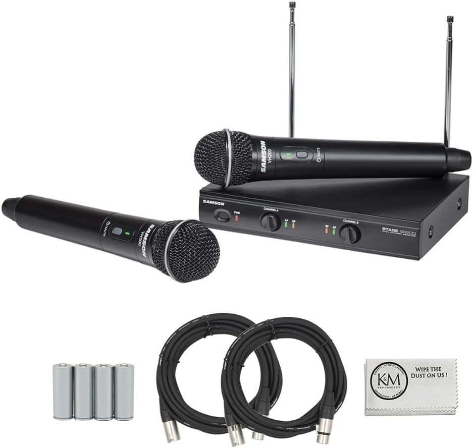 SAMSON Stage 200 Dual-Channel Handheld VHF Wireless System | Channel A Bundle with 4 Pack of AA Batteries + 2 x 20XLR Microphone Cables + Cleaning Cloth (5 Items)