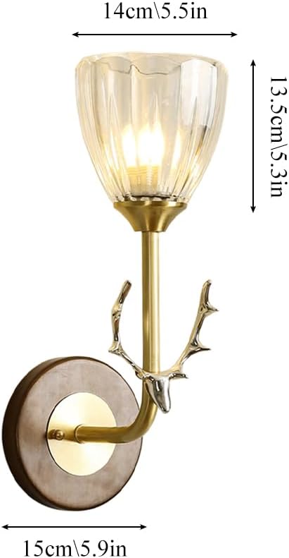 Vintage Wood Indoor Wall Sconce, Modern Gold Wall Light Fixture with Clear Glass Shade, Antler Decor Wall Mount Light for Living Room Bedside Bedroom Hallway Home Decor