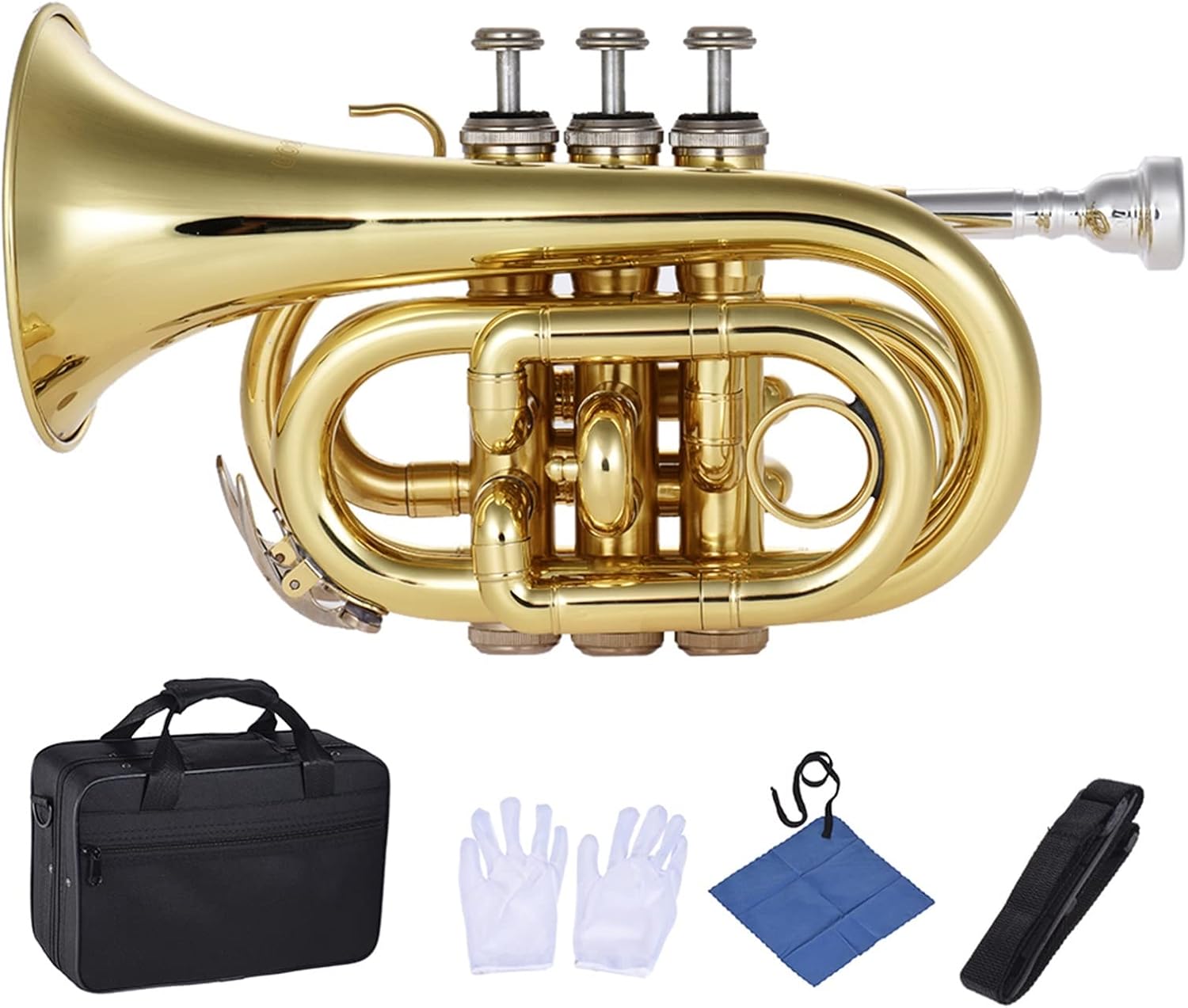 KESHUO Mini Pocket Trumpet Bb Flat Brass Wind Instrument with Mouthpiece Gloves Cleaning Cloth Carrying Case Trumpets
