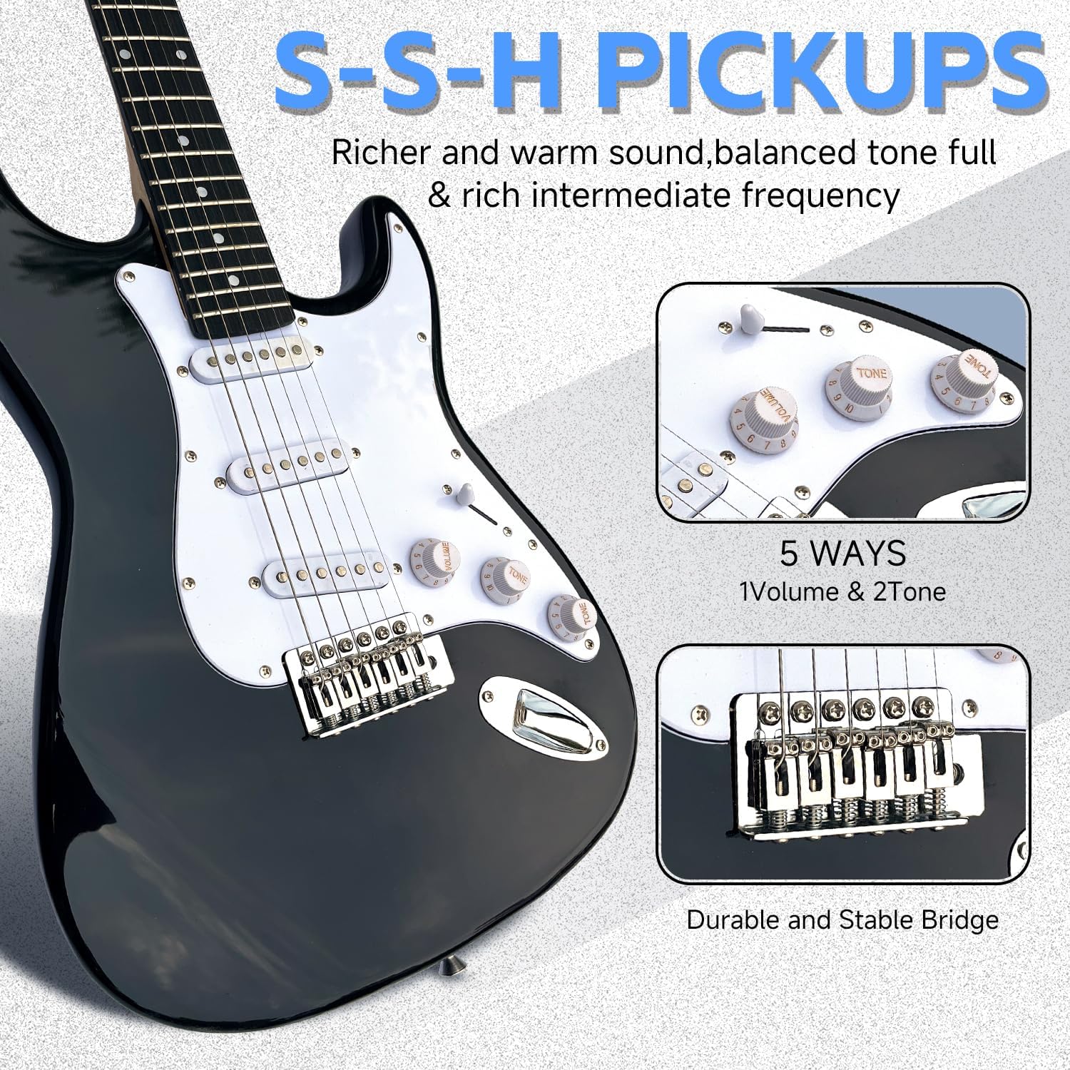 39in Full Size Beginner Electric Guitar Starter Kit w/Case, Strap, 20W Amp, Strings, Pick, Tremolo Bar (Black Guitar)