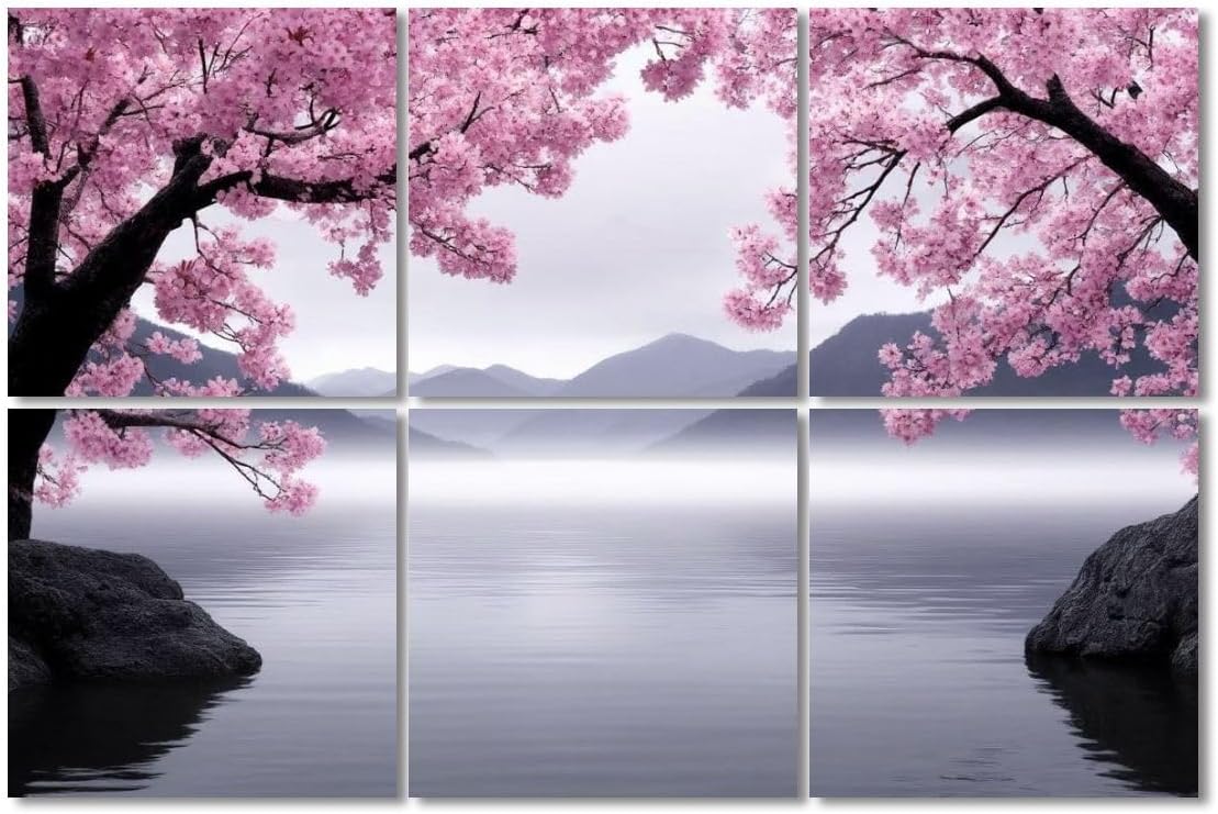 6 Pack Art Acoustic Panels Sound Absorbing Japanese Cherry Blossom Mountain Landscape Calming Lake Ocean Backdrop Decorative Soundproof Wall Panels Self Adhesive for Recording Studios Office 72