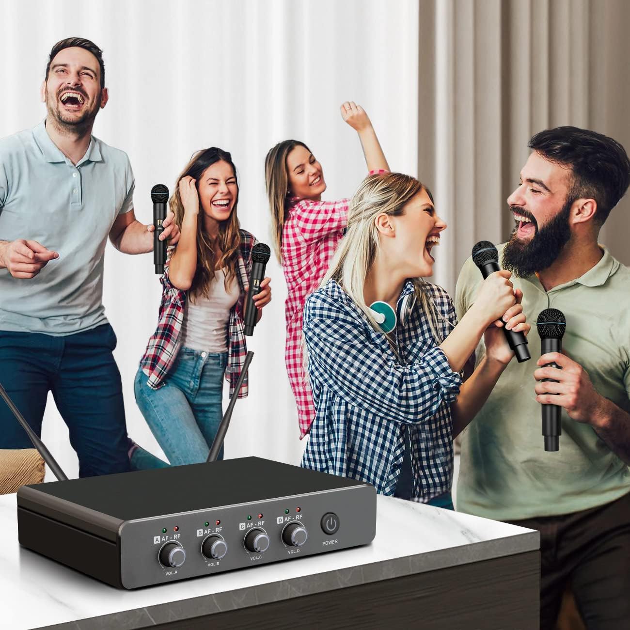 Depusheng R5 Wireless Microphone, Professional UHF Cordless Four Dynamic Mic Handheld Microphone System 1/4‘’Output for Home Karaoke, Meeting, Party, Church, DJ, Wedding, Home KTV Set