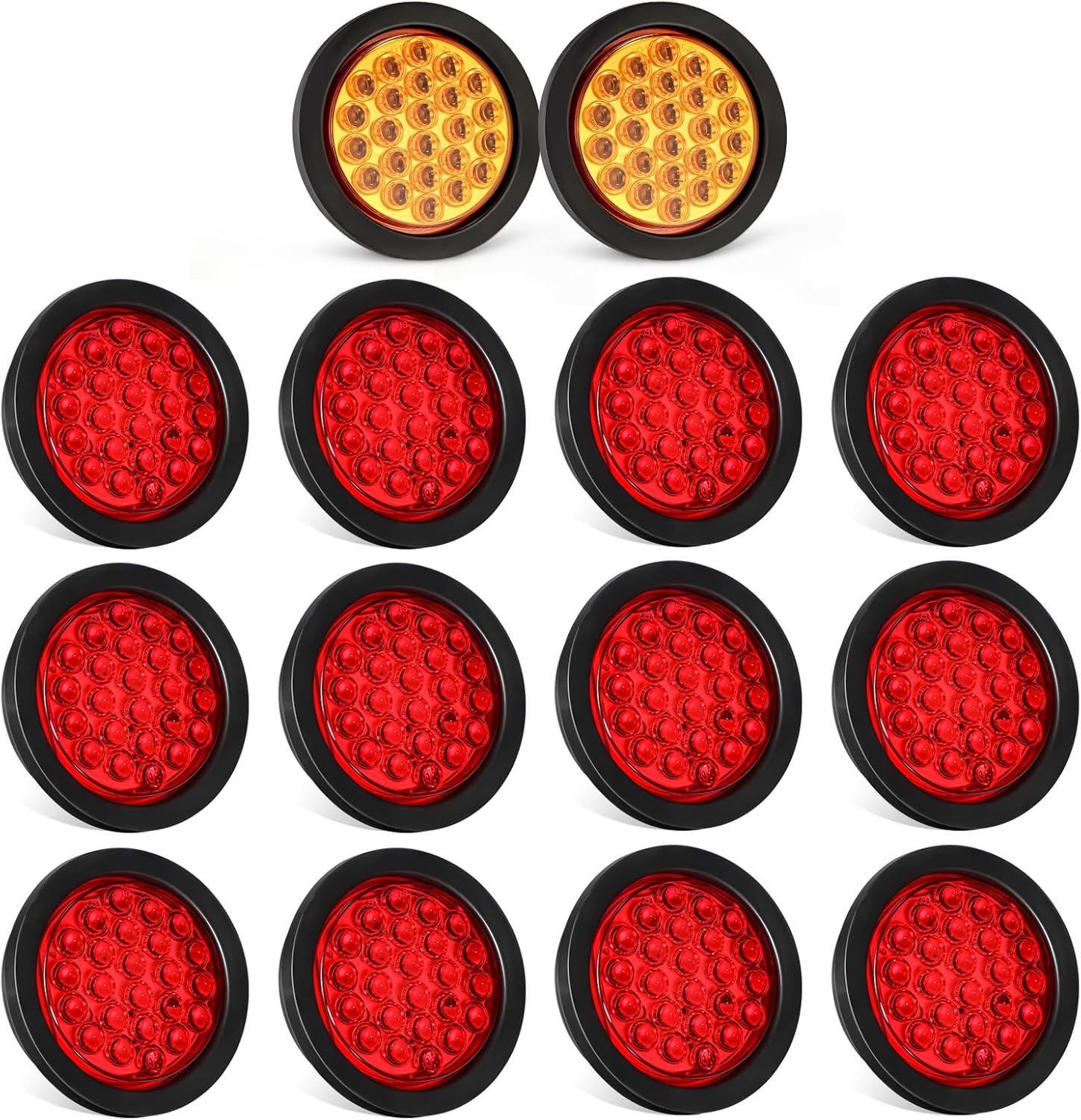 Partsam 2X 4 Inch Round Amber Strobe Lights 24 LED, 12Pcs 4 Inch Round LED Trailer Tail Lights Red 24LEDs Waterproof 12V Grommet Plug Included